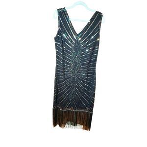 NEW Unique Vintage Black & Silver 1920s Style Womens Flapper Sleeveless Dress Sz